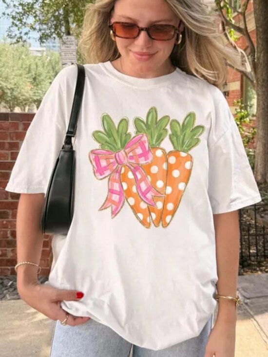 Tops - Graphic Carrot T-shirt, Cute Easter Shirt, Rabbit Easter Shir Gift